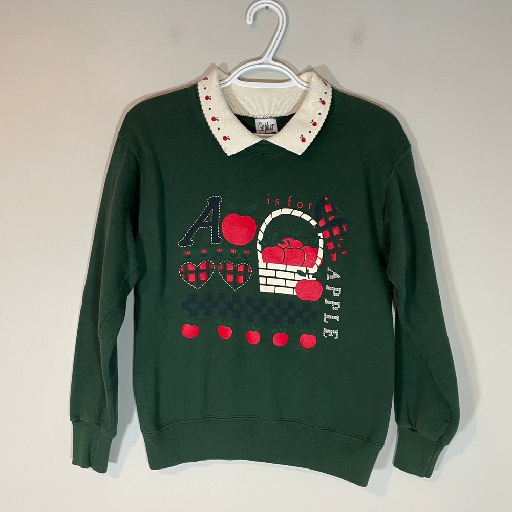 Gopher Sport VTG Apple Graphic Collared Sweatshirt Green Small Petite Cottage